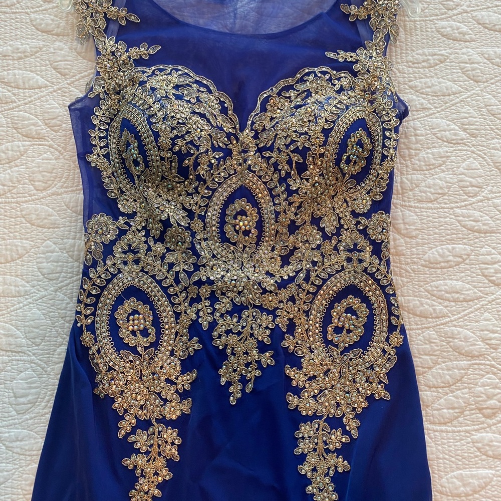 Elegant Blue and Gold Embellished Prom Dress